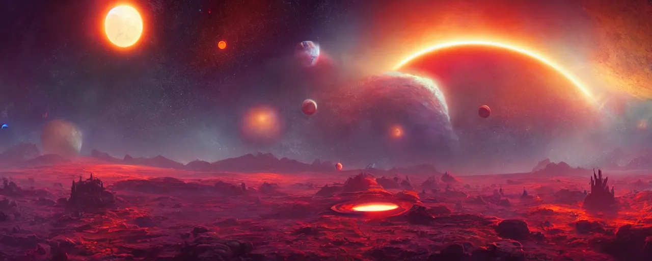 Image similar to ” gas planets on another world, [ cinematic, detailed, epic, widescreen, opening, establishing, mattepainting, photorealistic, 4 k, octane render, art by paul lehr ] ”