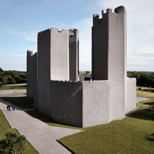 Image similar to a giant castle built in brutalist architecture, diverse unique building geometry full of shapes and corners, with a smaller base than the top of the tower, slowly growing in width as we get higher