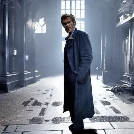Image similar to willem dafoe as a rough dirty old man with a scruffy beard in a dark blue trenchcoat as the new doctor who, cinematic, volumetric lighting, f 8 aperture, cinematic eastman 5 3 8 4 film, photorealistic by greg rutkowski