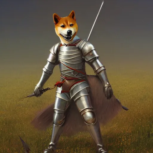 Image similar to anthropomorphic shiba inu, knight red armor, standing on hill of dead enemies, stuning fantasy 3 d render, masterpiece, glowing dark aura, by donato giancola and greg rutkowski and wayne barlow and zdzisław beksinski, realistic face