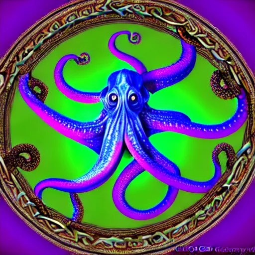 Image similar to a dramatic and beautiful digital matte painting of large iridescent octopus with legs made of fractal celtic knots, trending on cgartist, hi-fructose, mandala, string wall art, ultra detailed 8k