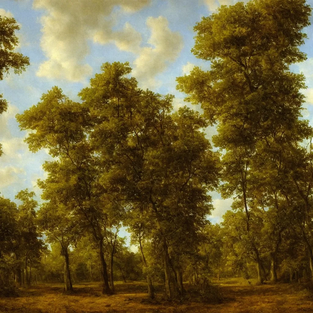 Prompt: a realistic oil painting of a forest and the sky at midday, dutch masters