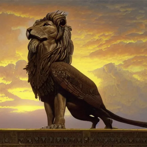 Image similar to a realistic oil painting of a winged lion's body with an eagle!! head, in an ancient egyptian temple, at purple sunset, highly detailed, trending on artstation, by james gurney and michael whelan and krenz cushart and alphonse mucha