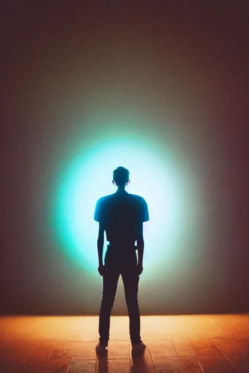 Image similar to kodak ultramax 4 0 0 photograph of a skinny guy looking into a bright otherworldly swirling glowing portal, back view, vaporwave colors, grain, moody lighting, moody aesthetic,