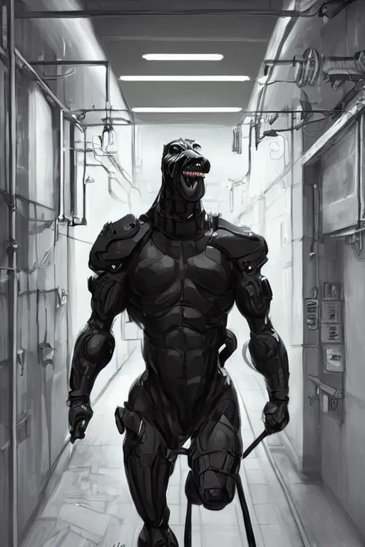 Image similar to a exaggeratedly muscled black - coated anthropomorphic horse wearing a skintight tactical clothing, test subject supersoldier, in a corridor of a research facility, game character, highly detailed, digital painting, artstation, concept art, illustration, art by artgerm, greg rutkowski, wlop