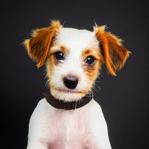 Prompt: a high quality photograph of a scruffy wire haired jack russell terrier puppy, white with brown spots, brown patches over both eyes. friendly, curious expression.