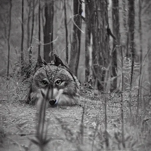 Image similar to mixture between an! owl and wolf, photograph captured in a dark forest