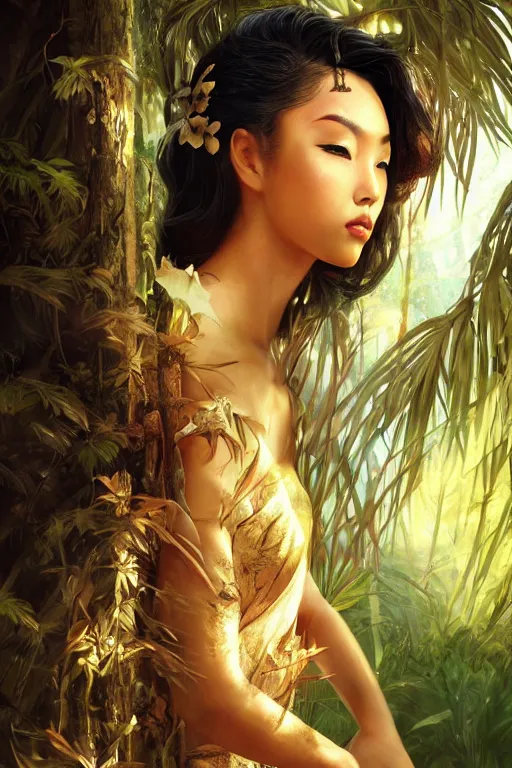 Image similar to stunningly beautiful, filipina geisha prima ballerina in jungle, symmetrical face, golden hour, smooth, focus, highly detailed, hyper realistic, dramatic lighting, elegant, intricate, concept art, art by wlop, mars ravelo, greg rutowski, artstation