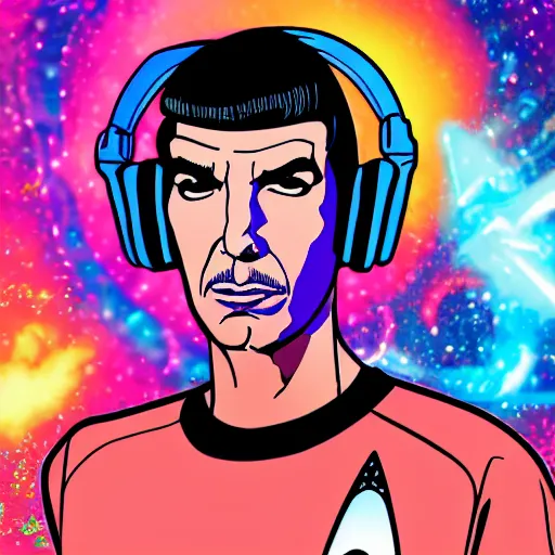 Image similar to svg sticker of a Pop-Wonder Captain-Spock-Star-Trek at a rave, spinning records, giant headphones rocking out, wearing headphones, huge speakers, dancing, rave, DJ, spinning records, digital art, amazing composition, rule-of-thirds, award-winning, trending on artstation, featured on deviantart