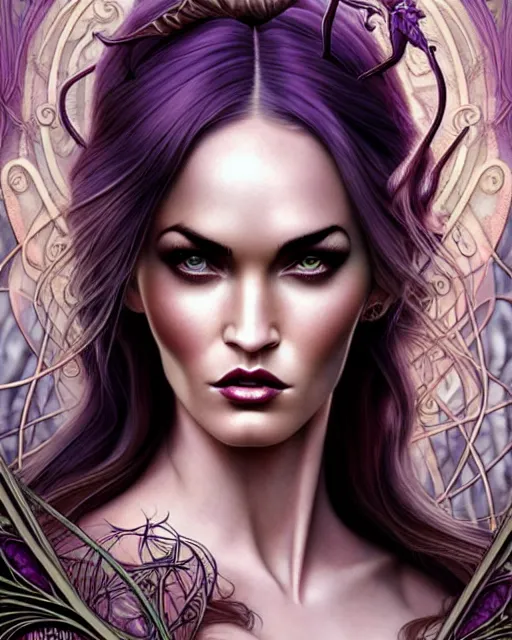 Prompt: new art nouveau closeup portrait of fantasy succubus megan fox wearing a royal dress in an evil forest, anna dittmann, moebius, wlop, artgerm, patrick nagle, charlie bowater and loish. long windblown hair, ultrasharp focus, dramatic lighting, barbwire vine arches, photorealistic digital matte painting, intricate, dark souls