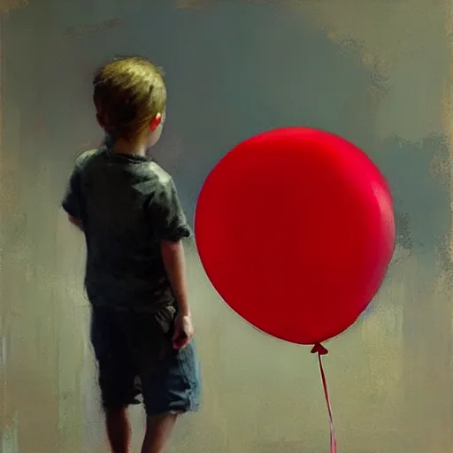 Prompt: lonely kid holding a red balloon, painting by jeremy mann