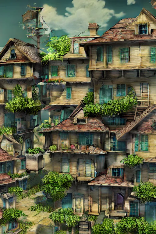 Image similar to stacked houses, solarpunk, studio ghibli, jean - baptiste monge, octane render, 4 k