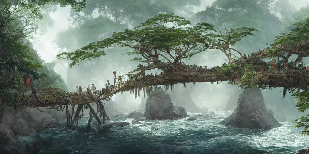 Image similar to jungle rainforest cliffs with treehouse village. tiered catwalks and rope bridges. wooden cabins. foggy valley and mountains fading into the distance, at sunset. waterfalls. neverland. peter pan kids wearing war paint and headdresses, standing on the rope bridges. swimming in basalt lagoon. magic the gathering card art by greg rutkowski.