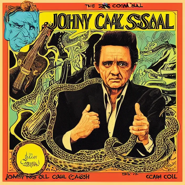 Image similar to album cover for the Johnny Cash and Snake Oil colab record. Snake oil, quackery, folk medicine, scamming, beautiful album cover with no text, album art by Jack Kirby, snake oil