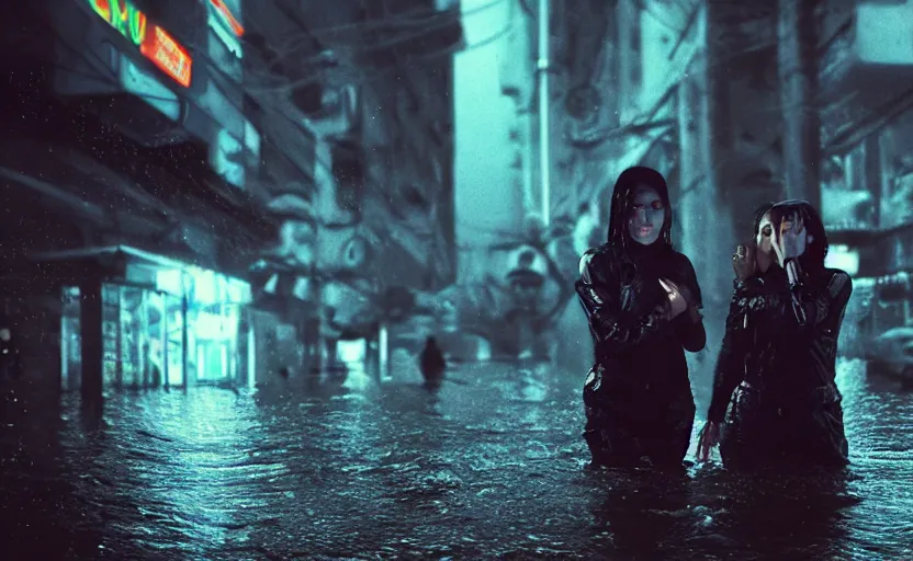 Image similar to cinestill 5 0 d candid photographic portrait by steve mccurry of two loving female androids sobbing wearing rugged black mesh techwear in treacherous waters, flooded city, medium closeup, retrofuturism cyberpunk moody emotional cinematic, pouring iridescent rain bright spotlight helicopter, 8 k, hd, high resolution, 3 5 mm, f / 3 2, ultra realistic faces, ex machina