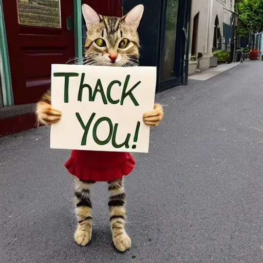 Image similar to a tabby cat holding a sign that says thank you!