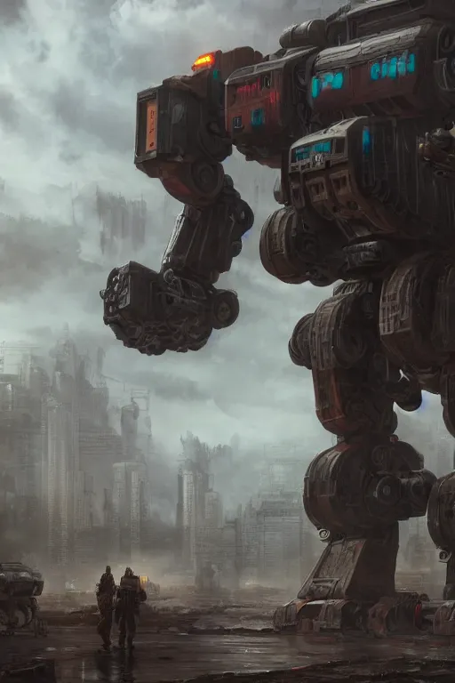 Image similar to ultra realist and ultra intricate detailed soft painting of a large mech in the style of battletech, standing in a post-apocalyptic street, sensual gloomy style, volumetric clouds, artstation, unreal render, depth of field