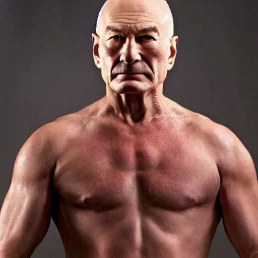 Image similar to a man who is a genetic combination of patrick stewart and jonathan frakes and levar burton and michael dorn and brent spiner, face and upper - body focus, detailed eyes