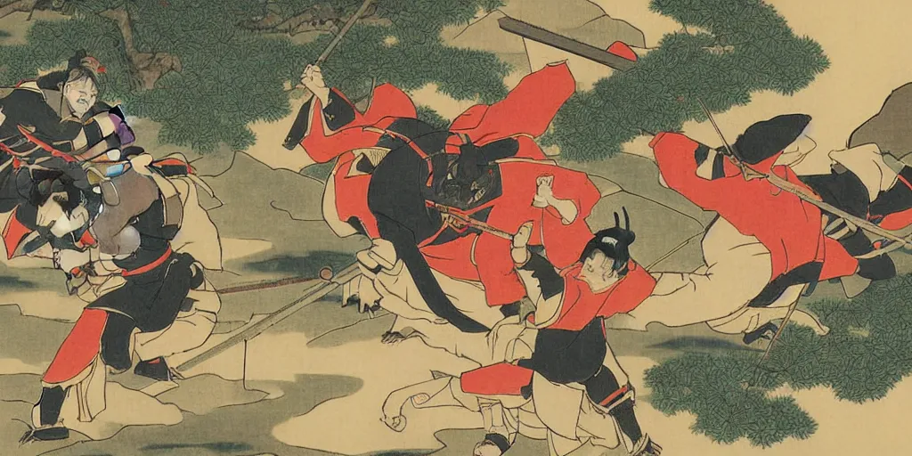 Image similar to ukiyo - e style painting of heavily armored samurai fighting in fierce battle in a beautiful forest, by tullio crali