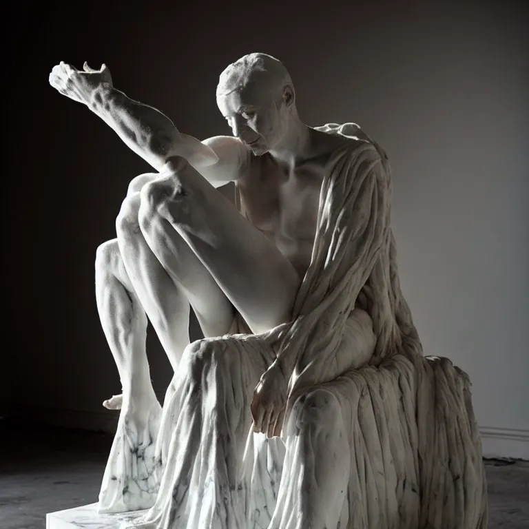 Image similar to a sculpture of a person sitting on top of a chair, a white marble sculpture by nicola samori, behance, neo - expressionism, marble sculpture, apocalypse art, made of mist