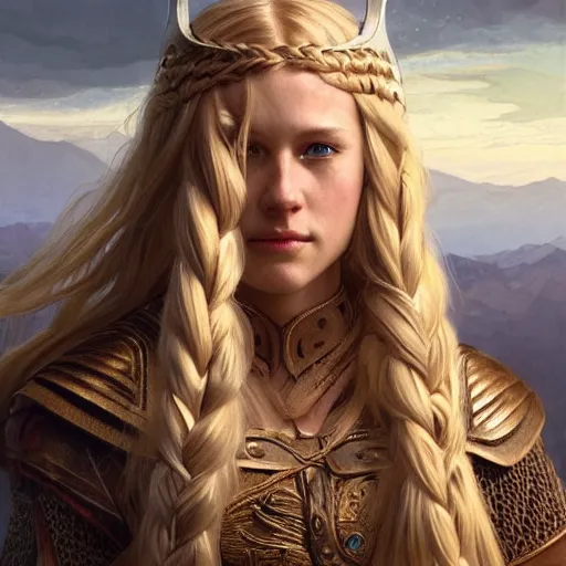 Prompt: Portrait of a beautiful blonde braid young valkyrie shieldmaiden viking proud regal norse, blonde hair, braided hair, bare midriff, blue eyes, intricate, elegant, highly detailed, digital painting, artstation, concept art, smooth, sharp focus, illustration, art by artgerm and greg rutkowski and alphonse mucha