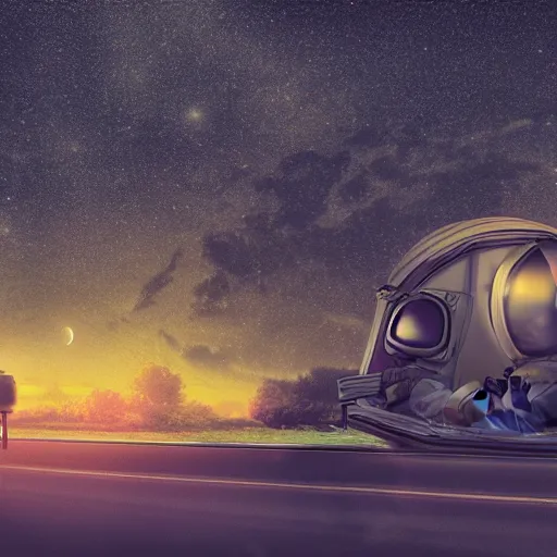 Image similar to astronaut sleeping on the turnpike highway, digital art, epic composition, highly detailed, cinematic lighting