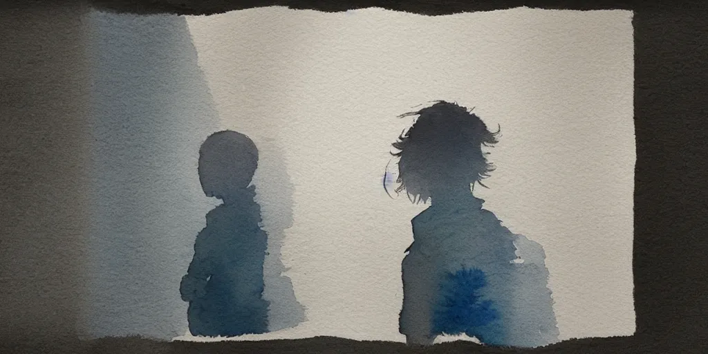 Image similar to simple watercolor, rough paper texture, ghost in the shell movie scene, backlit distant shot of girl in a parka