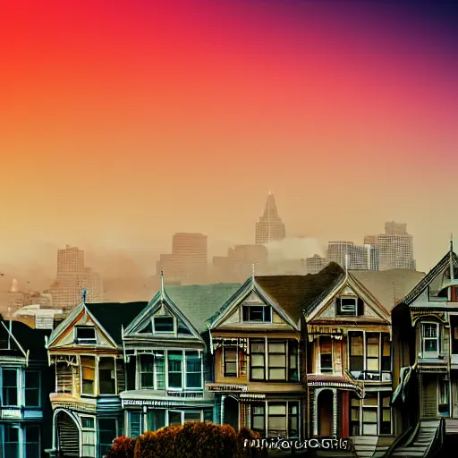 Image similar to a photograph of the painted ladies in san francisco at sunset foggy artstation cyberpunk dreamscape high definition