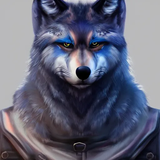 Image similar to furry blue wolf, fantasy dieselpunk, portrait, artstation