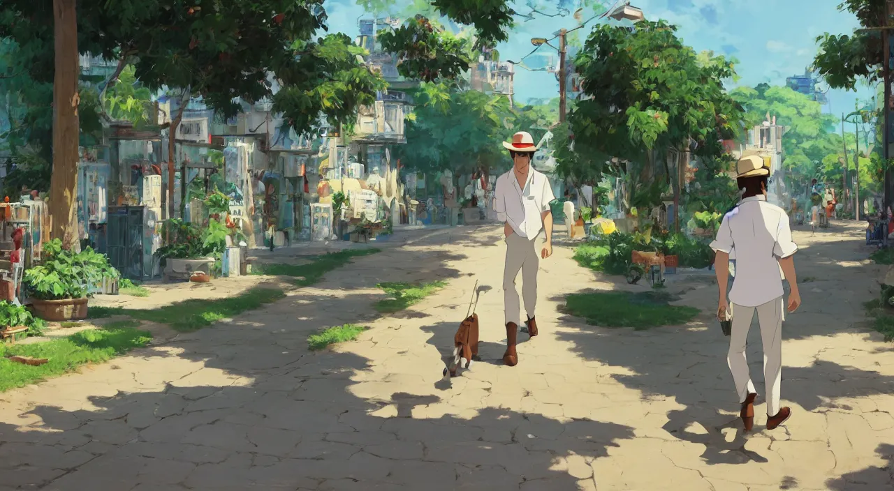 Image similar to a young man wearing a canotier cuban hat, crisp white linen shirt and slacks, leather boots, walking in a havanese stree in 1 9 0 0, genndy tartakovsky, atey ghailan, goro fujita, studio ghibli, rim light, mid morning lighting, clear focus, very coherent