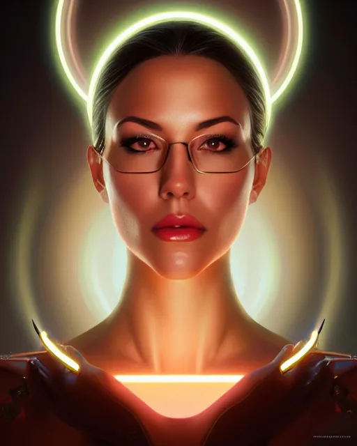 Image similar to symmetry portrait of jodi arias cyborg, glam, deco, glowing halo intricate, elegant, highly detailed, digital painting, artstation, concept art, smooth, sharp focus, illustration, art by artgerm and greg rutkowski and fra angelico and unreal engine 5