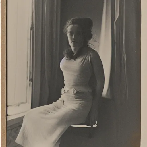 Image similar to tintype, smoke offhand by ossip zadkine. a beautiful photograph of a woman with long curly hair, wearing a white dress & sitting in a chair in front of a window with a view of a mountainside.