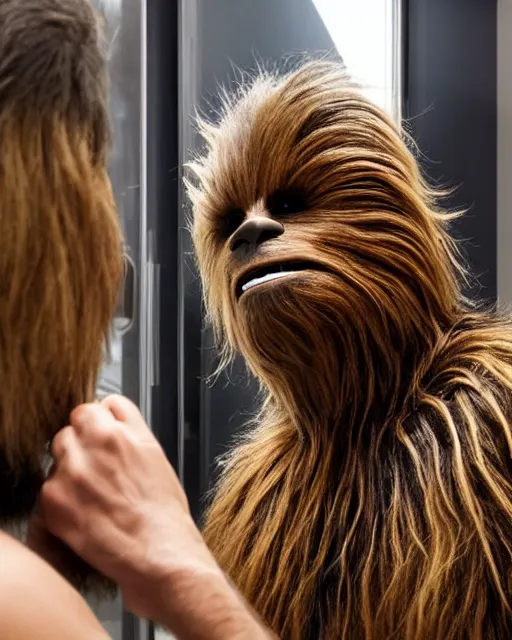 Image similar to Chewbacca shaving his face in front of a mirror