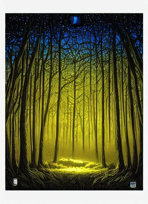 Image similar to a forest at night by Dan Mumford