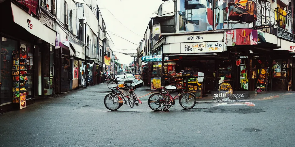 Prompt: City Street, Intersection, Storefront, alleyway, beer advertisement, bicycle in background, chairs, table, city street lights, clumps of bananas, colored light, colorful umbrella, convenience store, dark blue sky, dingy city street, exiting store, getting groceries, hilly road, Korean writing, looking down street, moped, raining, smoking outside, tan suit, wet road, wet street, white shoes, wires hanging above street, wires in background, very high quality photography, dusk, cinematic, city colors.