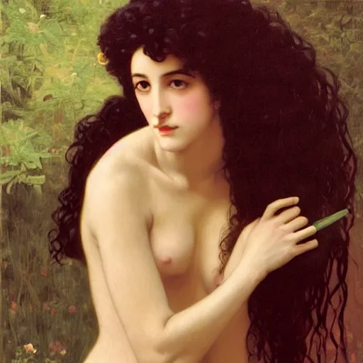 Image similar to oil painting of a portrait of a Queen dark curly hair, fair skin, by Bouguereau, by Patrick Nagel, by Georgia O Keeffe, by Gustave Moreau, art deco, matte drawing, storybook illustration, tonalism, realism