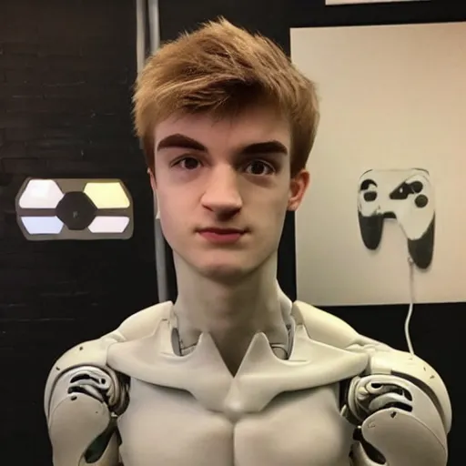 Prompt: “a realistic detailed photo of a guy who is an attractive humanoid who is half robot and half humanoid, who is a male android, twitch streamer Ninja Tyler Blevins, shiny skin, posing like a statue, blank stare, gaming room”