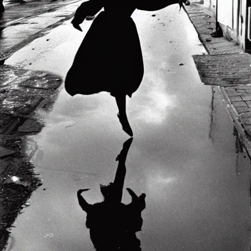 Image similar to A woman wearing a dress, long legs, leaping over a large puddle in the street, the decisive moment, photographed by Henri Cartier-Bresson on a Leica camera