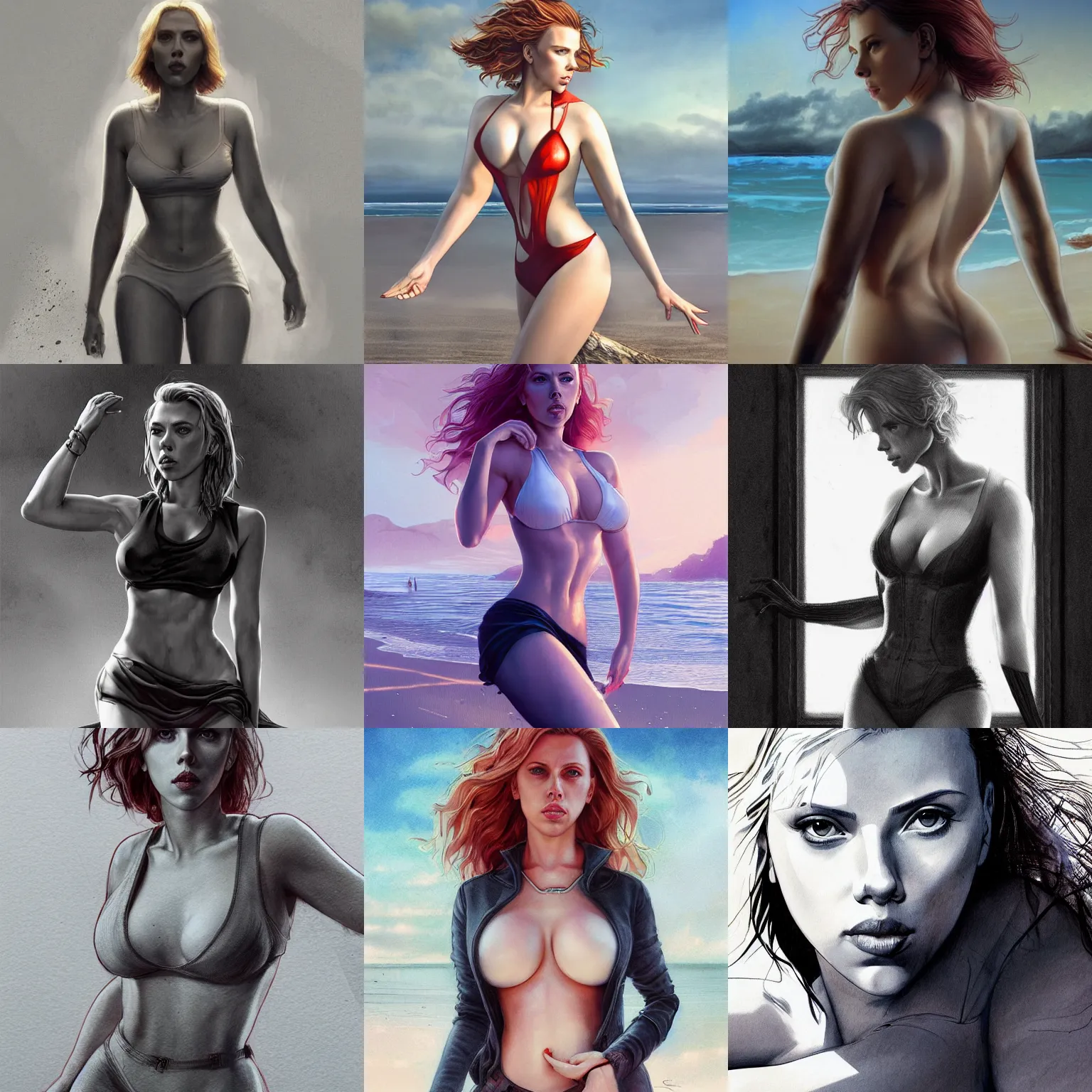 Prompt: , fully clothed sexy scarlett johansson with perfect symmetrical anatomical proportions, by greg rutkowski, pencil and ink, full dynamic colour, dramatic lighting, wide angle lens, full body within frame, beautiful beach in the background sharp, smooth, intricate detail, hyper detail,