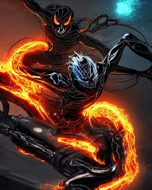 Image similar to ghost rider symbiote, dynamic lighting, fantasy concept art, trending on art station, stunning visuals, creative, cinematic, ultra detailed, comic strip style