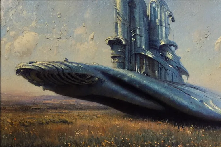 Image similar to impressionist brushstrokes!!!! hr giger and richard schmid and jeremy lipking victorian loose genre loose painting of a giant spaceship