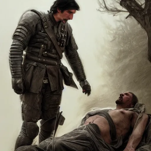 Image similar to portrait of adam driver helping a wounded john oliver, standing together, stoic, full body, military uniform, battle, war, fantasy, intricate, elegant, beautiful, highly detailed, charcoal, centered, dark, smokey, digital painting, artstation, concept art, smooth, sharp focus, illustration, art by artgerm and greg rutkowski and alphonse mucha