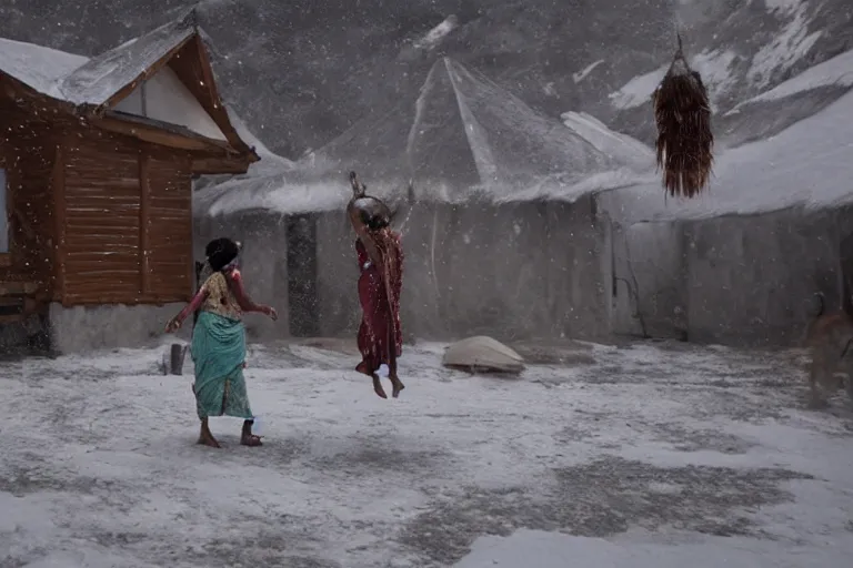 Image similar to VFX movie of a Indian woman dancing with magic flowing antigravity water in an Eskimo village by Emmanuel Lubezki