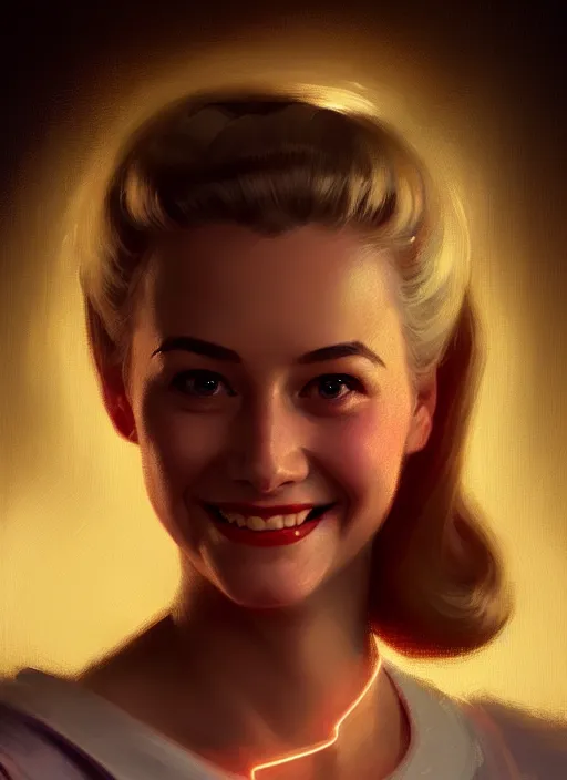 Image similar to portrait of betty cooper, smiling kindly, 1 9 5 0 s, intricate, elegant, glowing lights, highly detailed, digital painting, artstation, concept art, smooth, sharp focus, illustration, art by wlop, mars ravelo and greg rutkowski