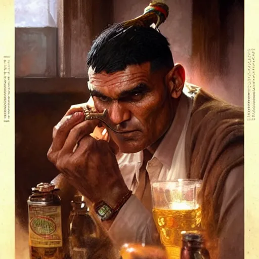 Image similar to an indian man and vinnie jones in a pub, real life skin, intricate, elegant, highly detailed, artstation, concept art, smooth, sharp focus, art by artgerm and greg rutkowski and alphonse mucha