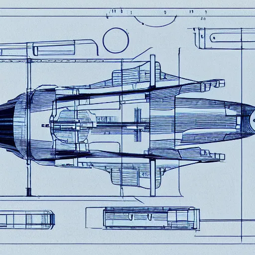 Prompt: blueprint of spaceship, technical drawing on blue paper, centered, studio lighting, 8 k