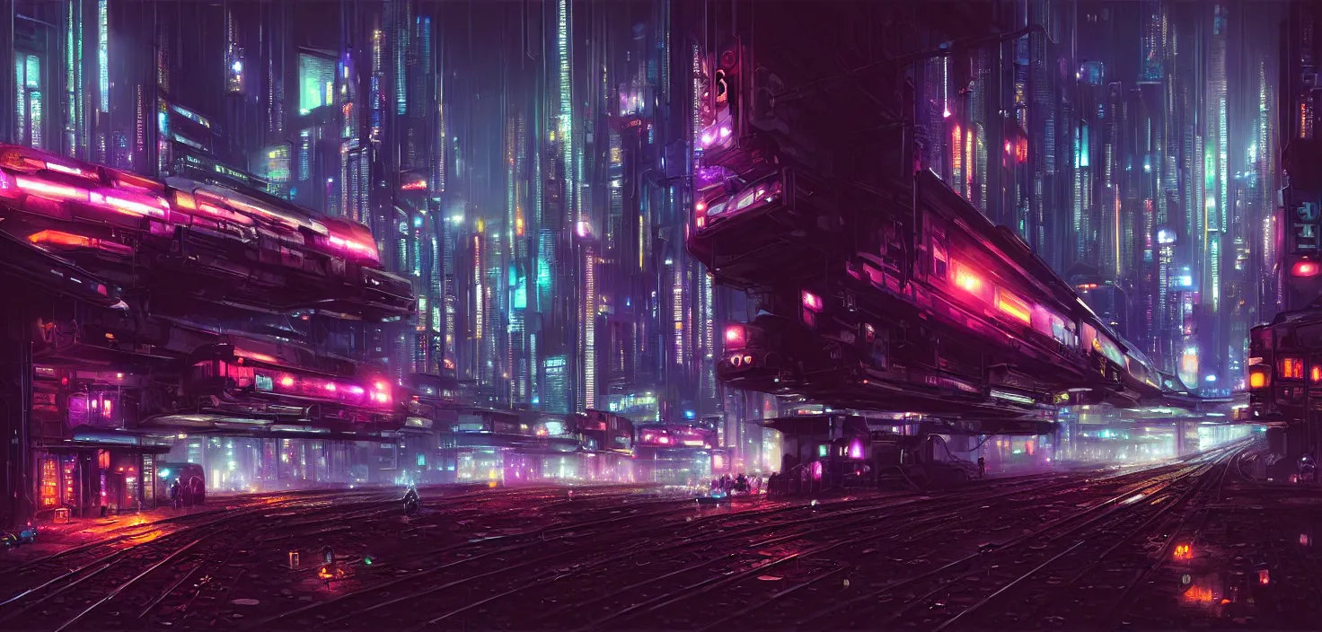 Image similar to a painting of a city at night with a train on the tracks, cyberpunk art by stephan martiniere, cg society contest winner, panfuturism, matte painting, dystopian art, reimagined by industrial light and magic