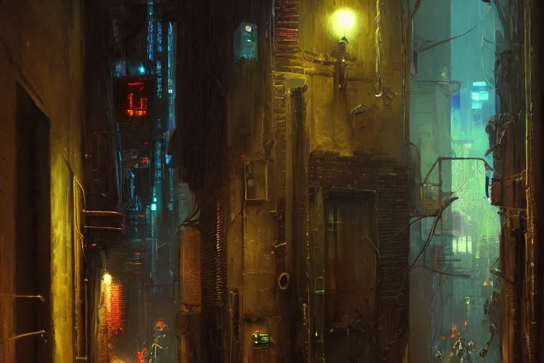 Prompt: dark cyberpunk alleyway, art by james gurney, trending on artstation, moon light isometric view tonalism, bokeh, surrealism, infrared, dadaism