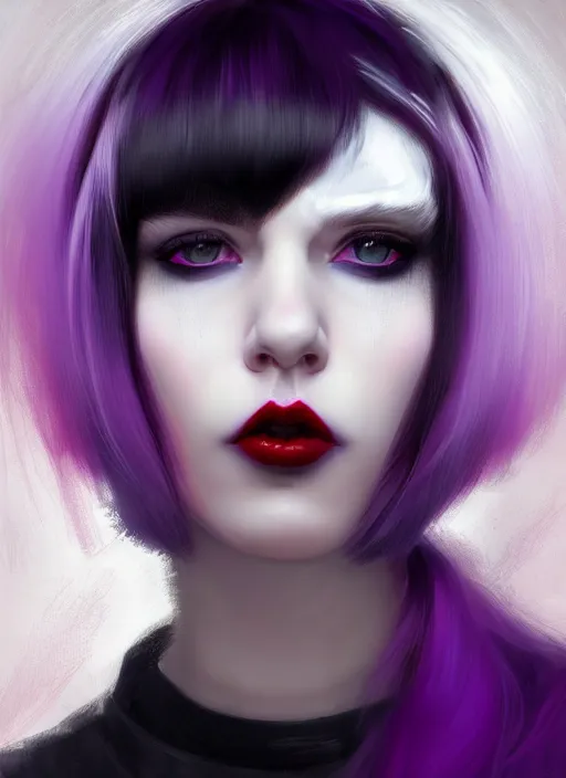 Image similar to portrait of white teenage girl, normal face, white bangs, mall goth, cyberlox, black and white hair, bangs, fluffy bangs, red contact lenses, purple lipstick, intricate, elegant, highly detailed, digital painting, artstation, concept art, sharp focus, smooth, illustration, art by wlop, mars ravelo and greg rutkowski