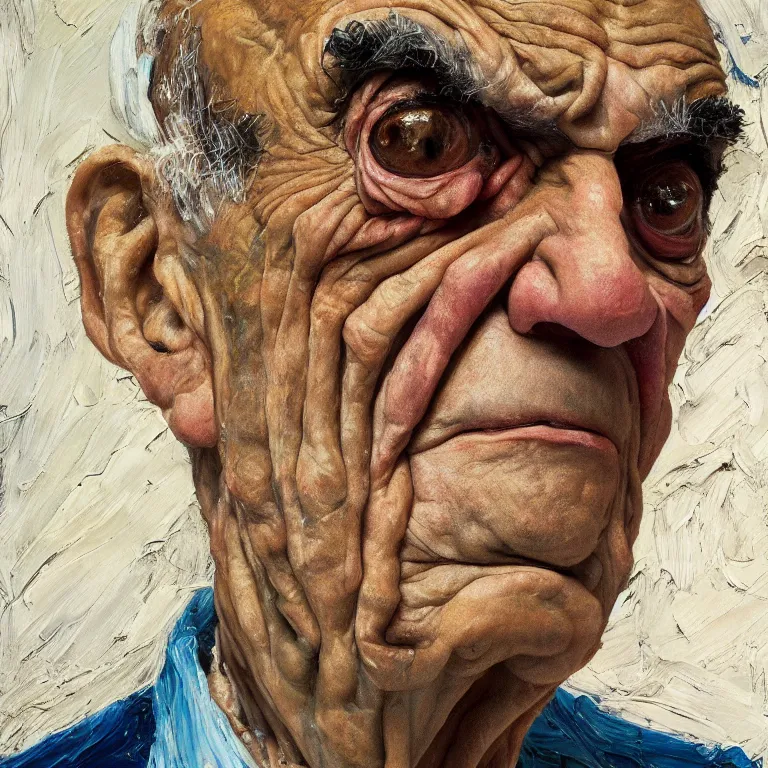 Image similar to warmly lit close up studio portrait of aging old Abe Vigoda age 115 wrinkled sad, impasto oil painting thick brushstrokes by Lucian Freud and Cy Twombly and Tim Hawkinson , trending on artstation dramatic lighting Expressionism